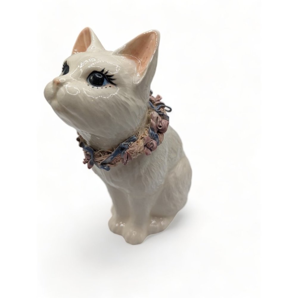 Vintage White Porcelain Cat Figurine With Dimensional Pink Flower Collar 9"